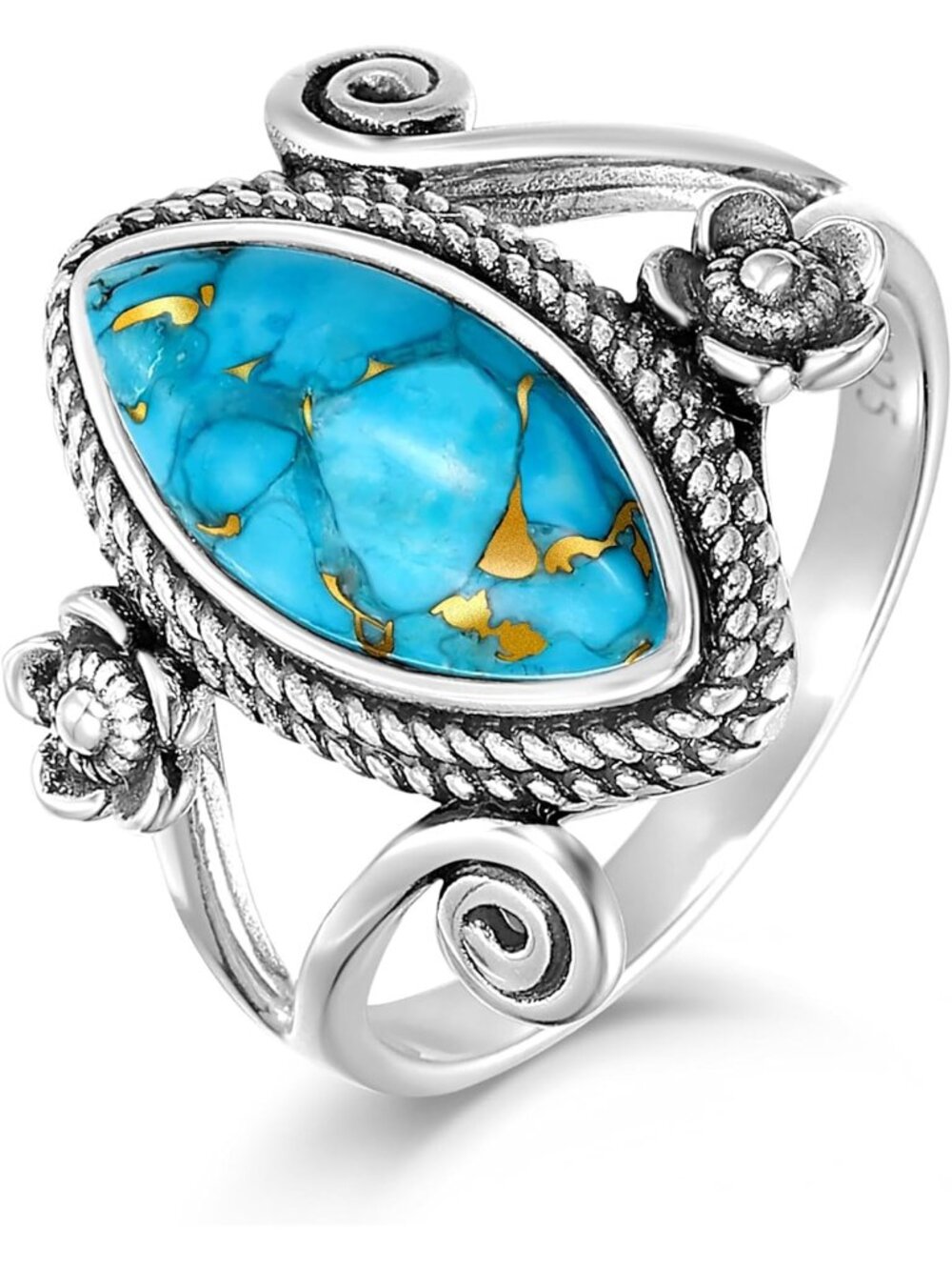 Women Bronze Turquoise 925 Sterling Silver Vintage Boho Stone Band Marquise Ring